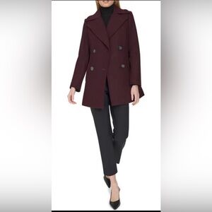 COLE HAAN 
Fine Wool Blend Twill Pea Coat - Wine color